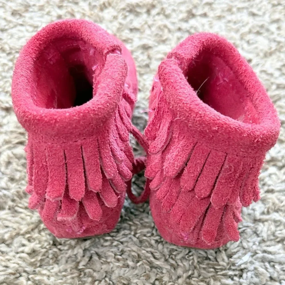 Minnetonka Pinkish Red Suede Fringed Booties